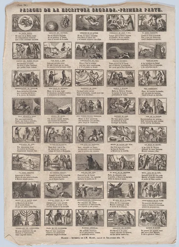 Broadside with 48 scenes illustrating passages of holy scripture (Part I) by José María Marés, print, 1855-1875