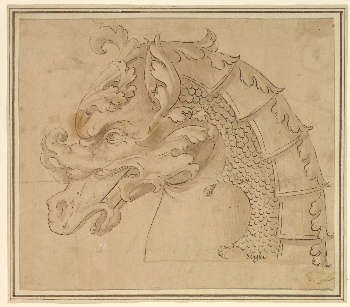 Armor Design for a Horse by anonymous, drawing, 1600-1650