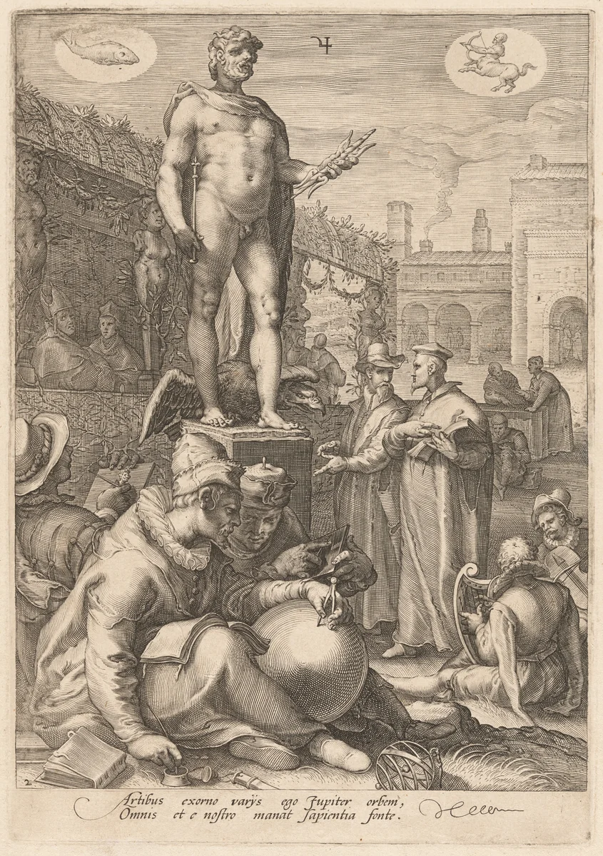 Jupiter Presiding Over the Liberal Arts by Jan Pietersz Saenredam; Hendrick Goltzius, print, 1596
