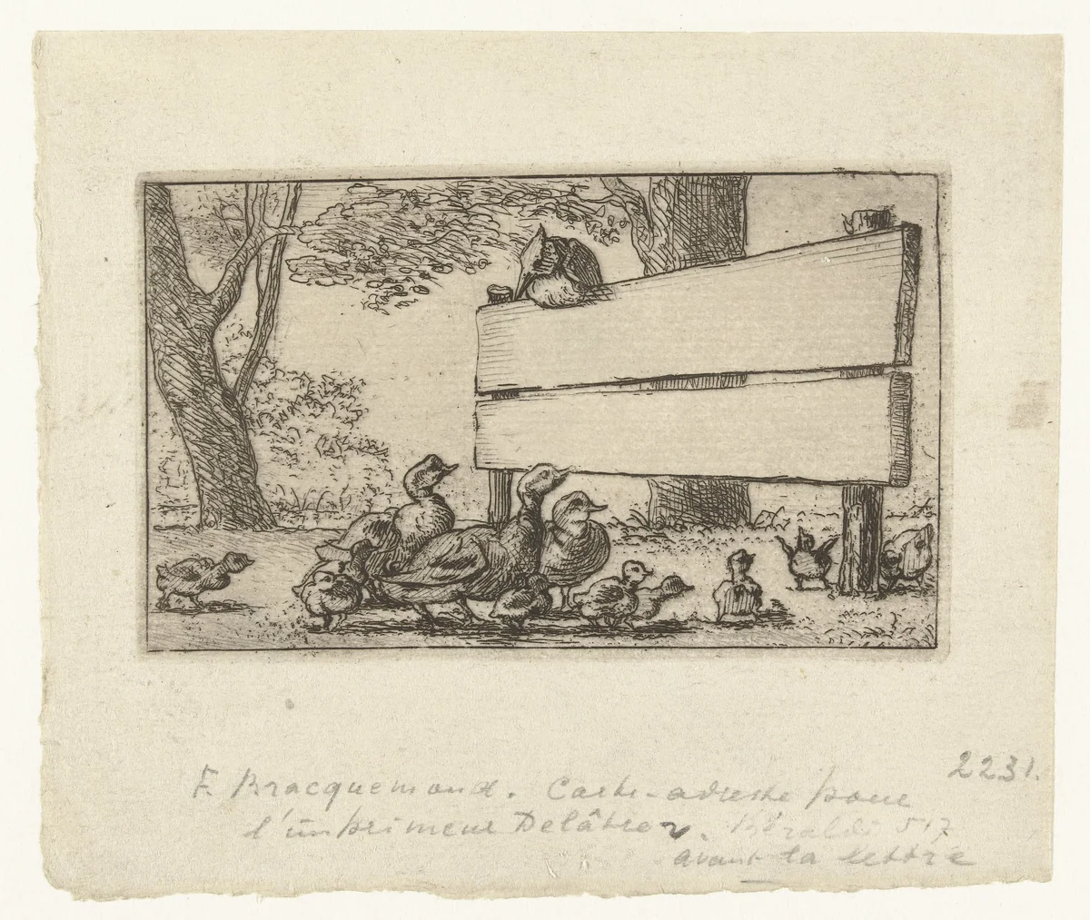 Adreskaart met eenden bij een houten hek voor de drukker Delâtre by Félix Bracquemond, print, 1852-1853