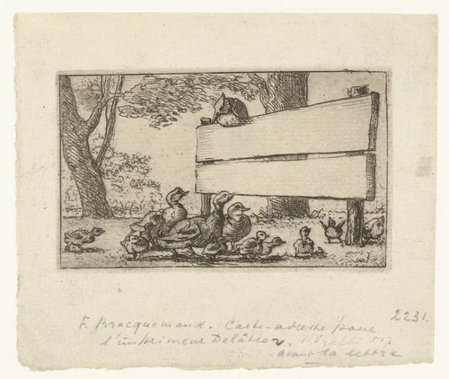 Adreskaart met eenden bij een houten hek voor de drukker Delâtre by Félix Bracquemond, print, 1852-1853