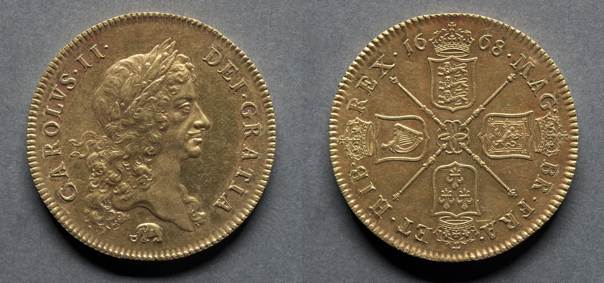 Five Guineas: Charles II (obverse); Four Shields (reverse) by John Roettier, metalwork, 1668