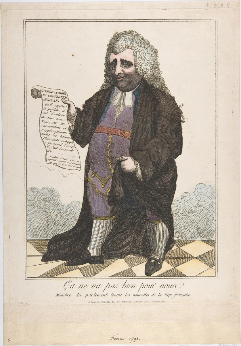 It is Not Going Well For Us: A Member of Parliament Reading the News of the French Republic (Ça ne va pas bien pour nous: Membre du parlement lisant les nouvelles de la Rep[ublique] française) by anonymous, print, 1798