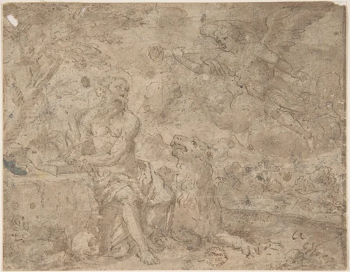 Saint Jerome in the Wilderness by anonymous, drawing, 1600-1700