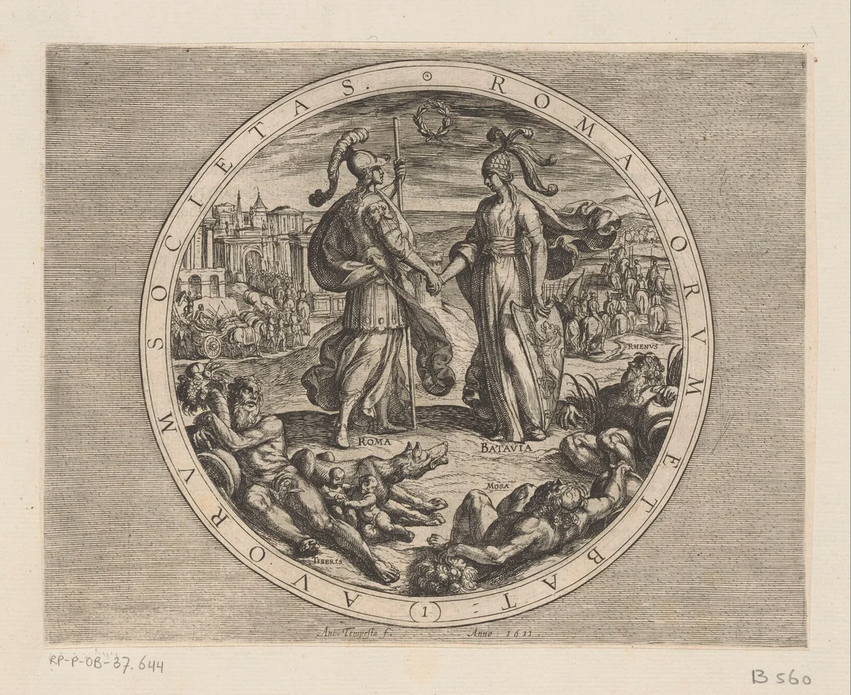 Roma en Batavia schudden elkaar de hand by Antonio Tempesta, print, 1611