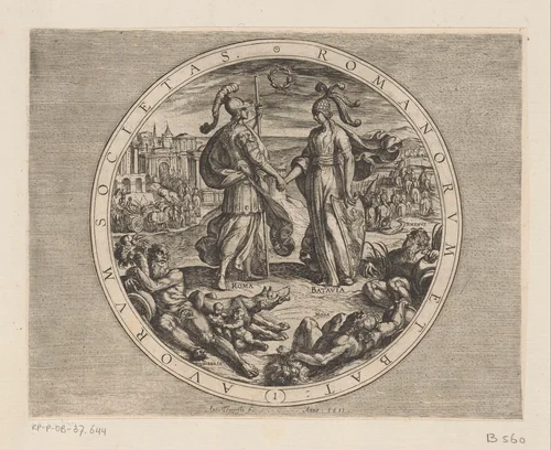 Roma en Batavia schudden elkaar de hand by Antonio Tempesta, print, 1611