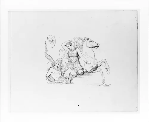 Two Male Figures with a Horse (after the Parthenon Frieze?) (from Sketchbook) by John Quincy Adams Ward, artwork, 1857-1860