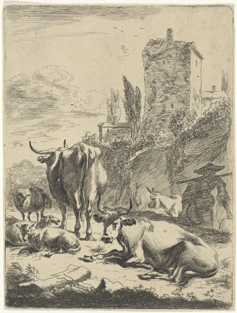 Kudde in het landschap met een toren by Jan de Visscher, print, 1643-1692
