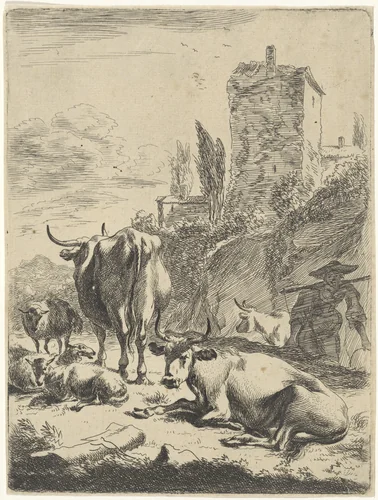 Kudde in het landschap met een toren by Jan de Visscher, print, 1643-1692