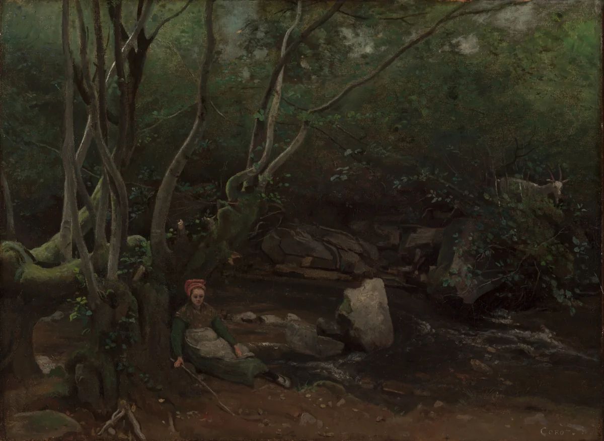 Lormes: Goat-Girl Sitting Beside a Stream in a Forest by Jean-Baptiste-Camille Corot, painting, 1842