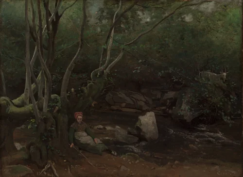 Lormes: Goat-Girl Sitting Beside a Stream in a Forest by Jean-Baptiste-Camille Corot, painting, 1842