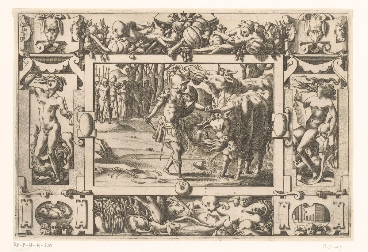 Jason temt de twee stieren van Mars by Unknown, print, 1563