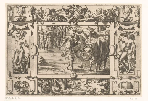 Jason temt de twee stieren van Mars by Unknown, print, 1563