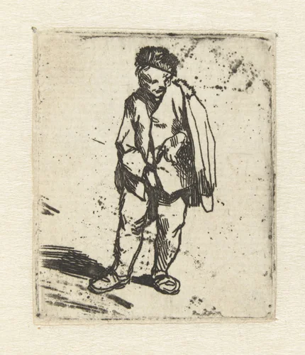 Staande man met mantel over schouder by Cornelis Pietersz. Bega, print, 1642-1664