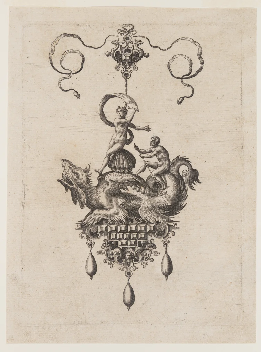 Renaissance Jeweled Pendant Sea Monsters by Adriaen Collaert, print, 1582