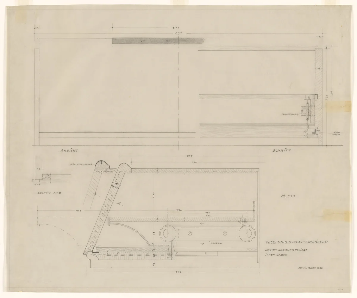 Design for Telefunken Record Player, Elevations and sections by Lilly Reich, mies van der rohe archive, 1938
