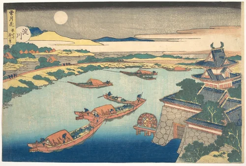 Moonlight on the Yodo River (Yodogawa), from the series Snow, Moon, and Flowers (Setsugekka) by Katsushika Hokusai (葛飾 北斎), print, 1823-1843
