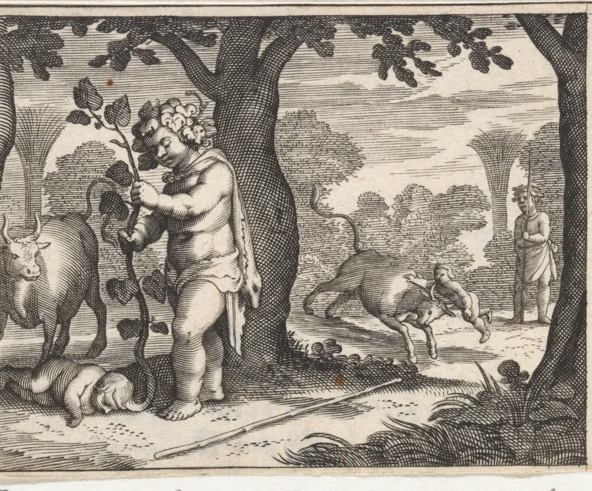 Bacchus en Ampelus by Pieter Serwouters, print, 1616-1657