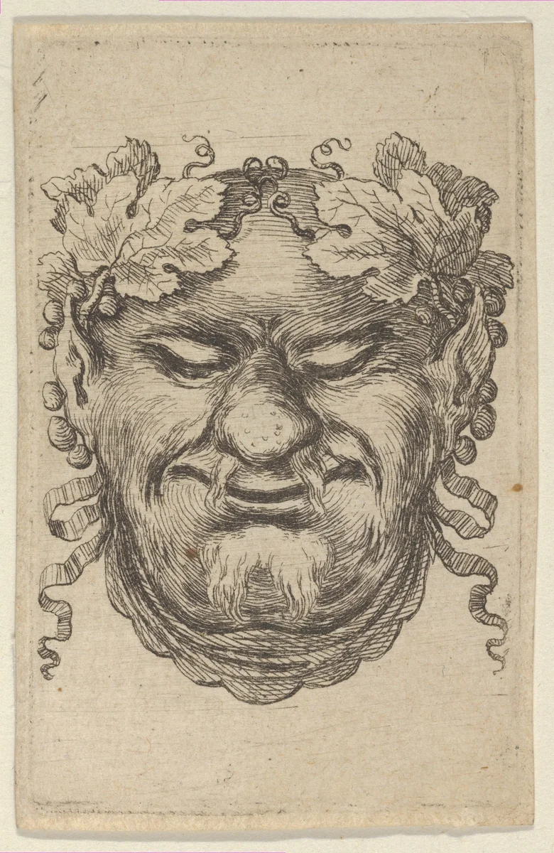 Mask of Bacchus with a Wreath of Grape Leaves and Ribbon, from "Divers Masques" by François Chauveau, print, 1630-1650