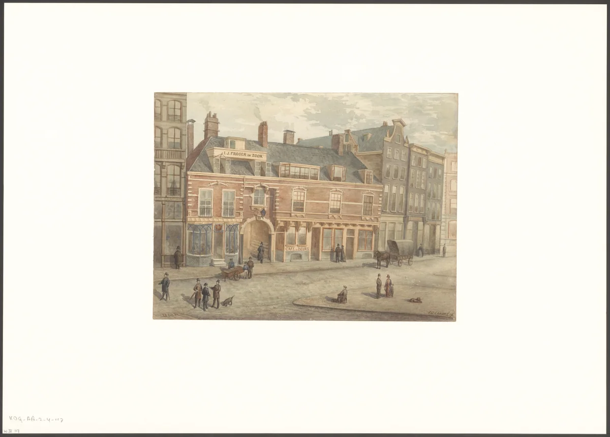 Gezicht op de Vijgendam en het Beurspoortje by Unknown, drawing, 1884