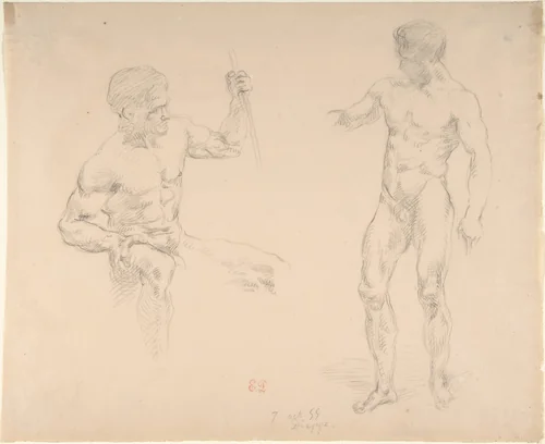 Seated and Standing Male Nudes, after photographs by Eugène Durieu by Eugène Delacroix, drawing, 1855