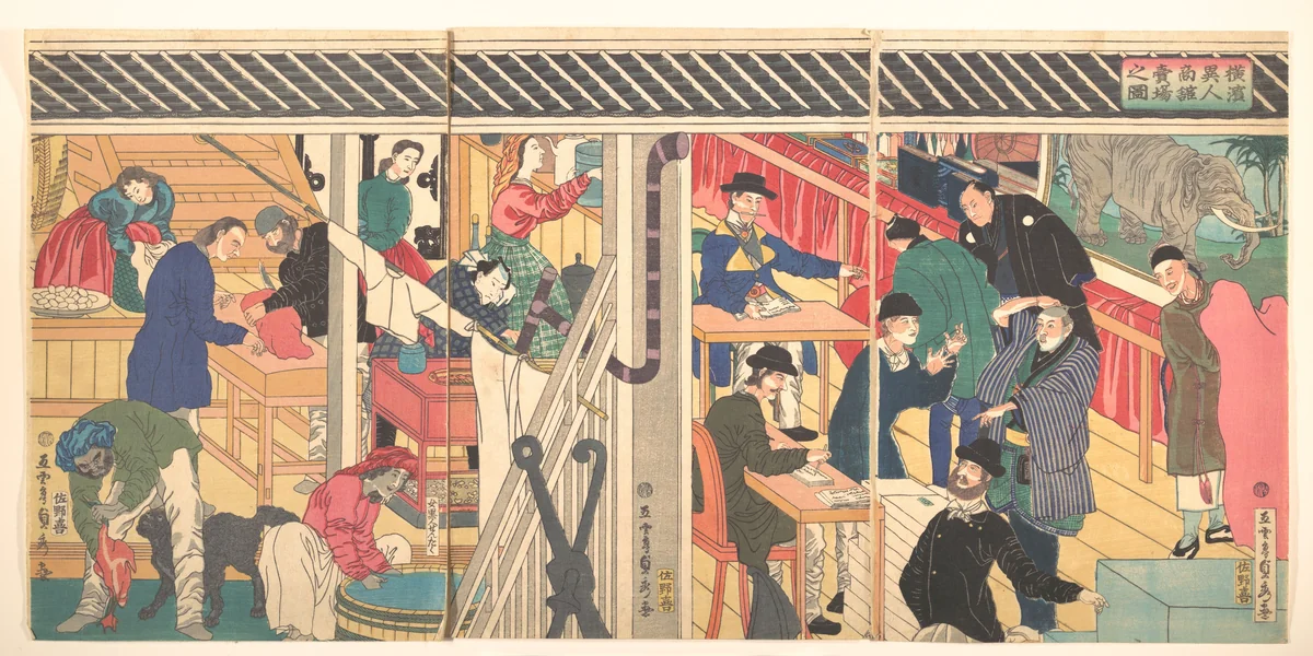Foreign Business Establishment in Yokohama (Yokohama ijin shōkan uriba no zu) by Utagawa Sadahide, print, 1861