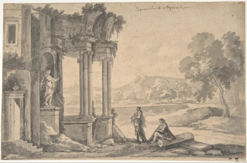 Ruins of a Temple by a Lake by Etienne Allegrain, drawing, 1644-1736