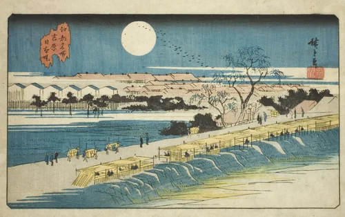Nihon Embankment near the Yoshiwara (Yoshiwara Nihon-zutsumi), from the series "Famous Places in Edo (Koto meisho)" by Utagawa Hiroshige (歌川広重), print, 1830-1843