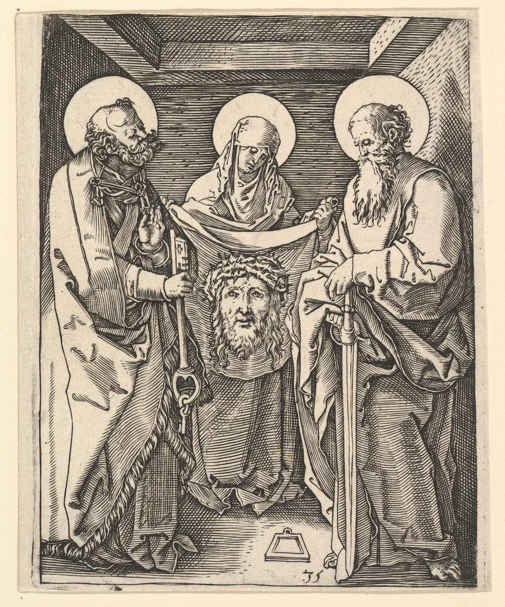 Shroud of Oviedo: Virgin Mary holds open shroud for Saint Peter and Saint Paul, from "The Passion of Christ", after Dürer by Marcantonio Raimondi, print, 1495-1539