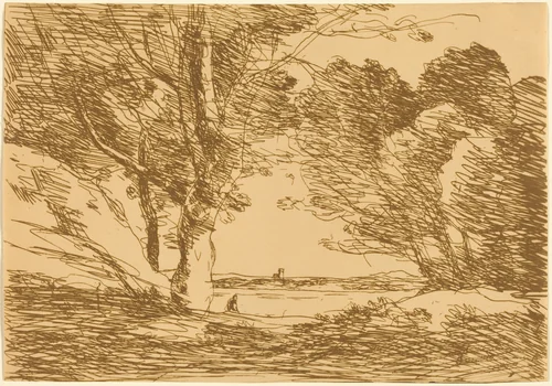 Tower on the Horizon of a Lake (Tour a l'horizon d'un lac) by Jean-Baptiste-Camille Corot, print, 1871