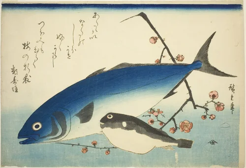 Yellowtail, blowfish, and plum branch by Utagawa Hiroshige (歌川広重), print, 1835-1847