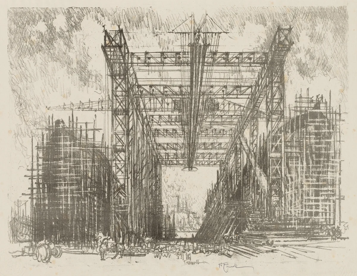 English War Work: The Gantry (A Merchant Shipyard) by Joseph Pennell, print, 1916