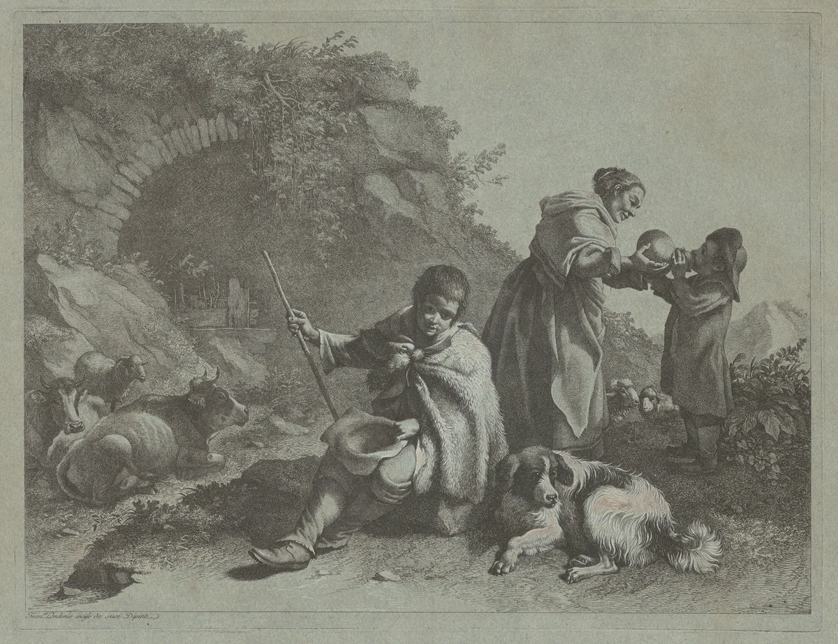 Seated Shepherd Boy and Woman Giving a Drink to a Child by Francesco Londonio, print, 1759-1782