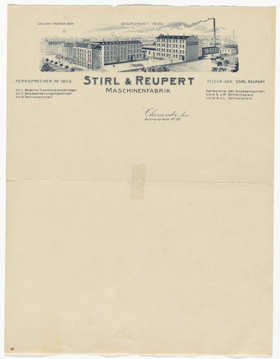 Stirl & Reupert Maschinenfabrik letterhead by Unidentified Designer, design, 1910