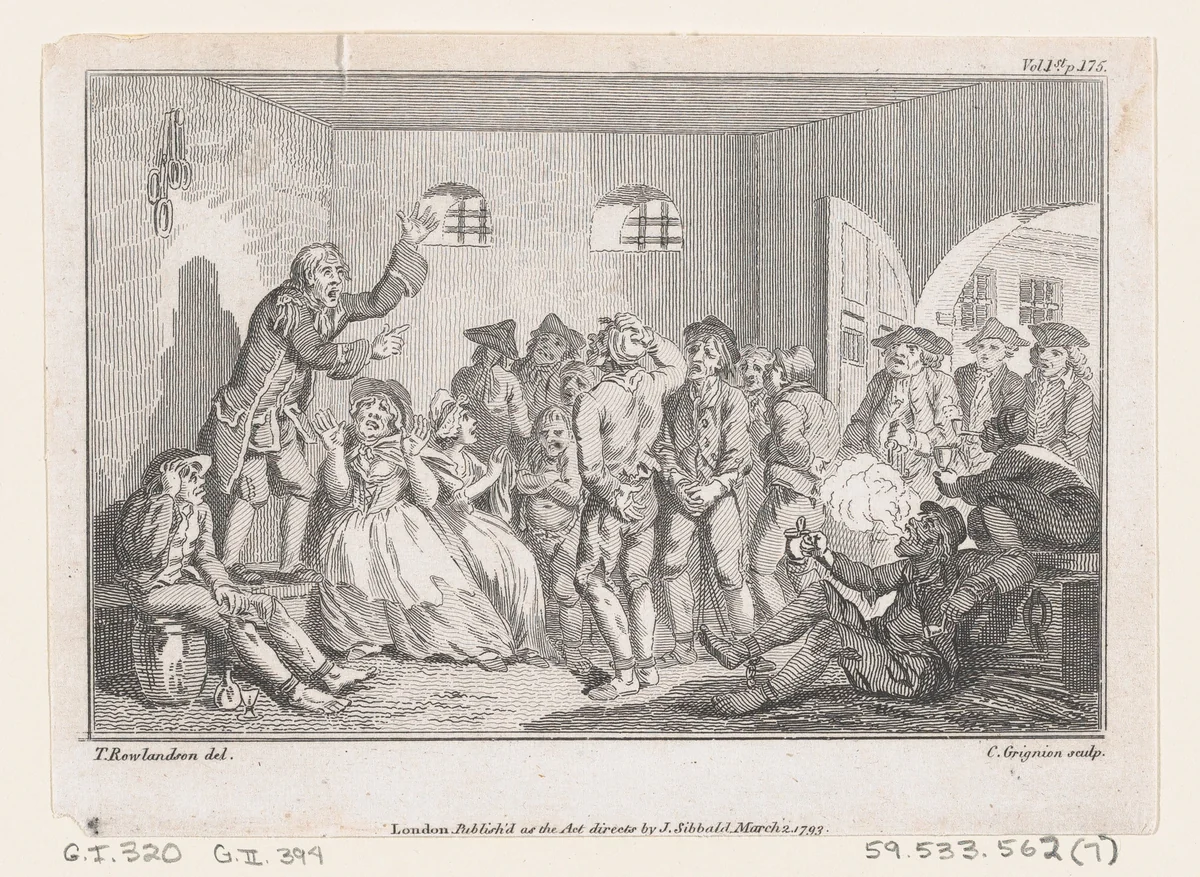 Clinker Preaching in Clerkenwell Prison, an illustration from Tobias Smollett's "The Expedition of Humphry Clinker" (London, 1793), Vol. 1 by Charles Grignion, print, 1793