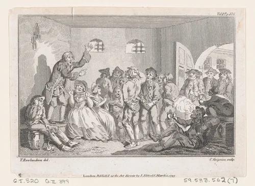 Clinker Preaching in Clerkenwell Prison, an illustration from Tobias Smollett's "The Expedition of Humphry Clinker" (London, 1793), Vol. 1 by Charles Grignion, print, 1793