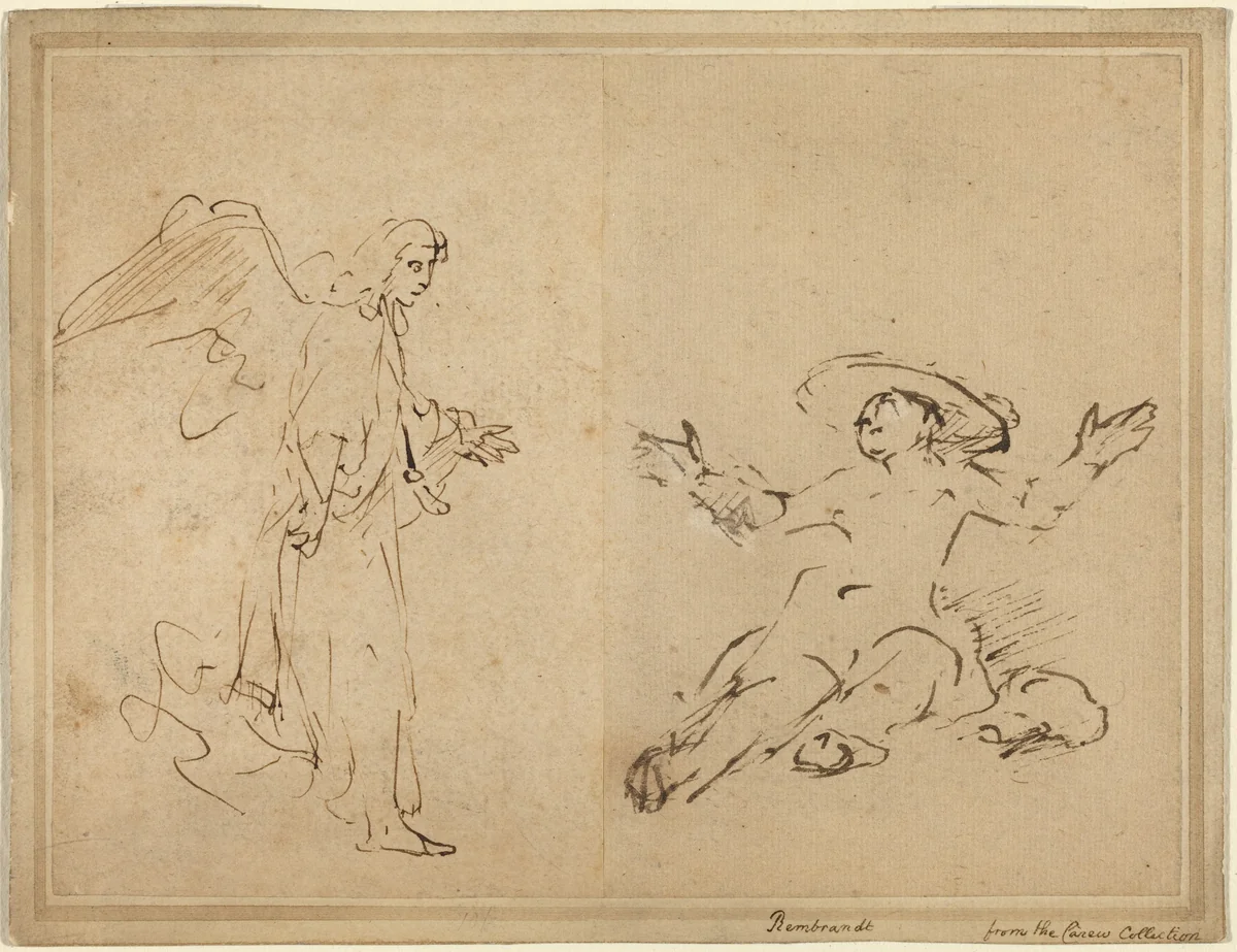 Hagar Seated at the Fountain by Rembrandt van Rijn, drawing, 1654-1655