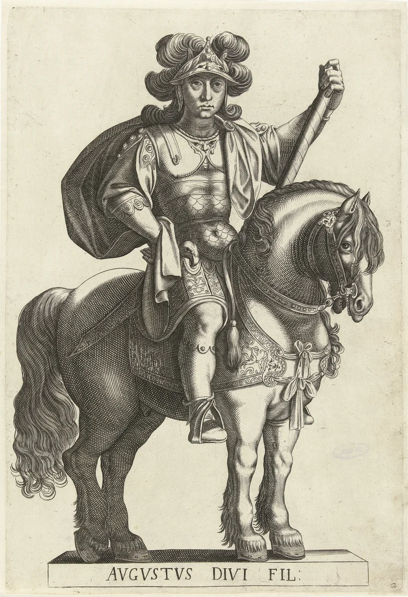 Ruiterportret van keizer Augustus by Laurens Eillarts, print, 1616-1620