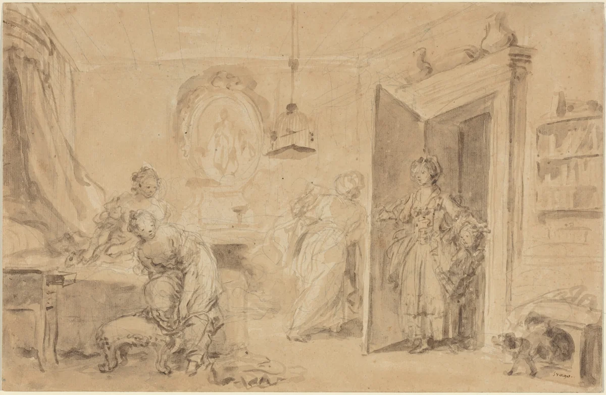 The Bedroom (Le Coucher or Ma Chemise brule) by Jean Honoré Fragonard, drawing, 1732-1806