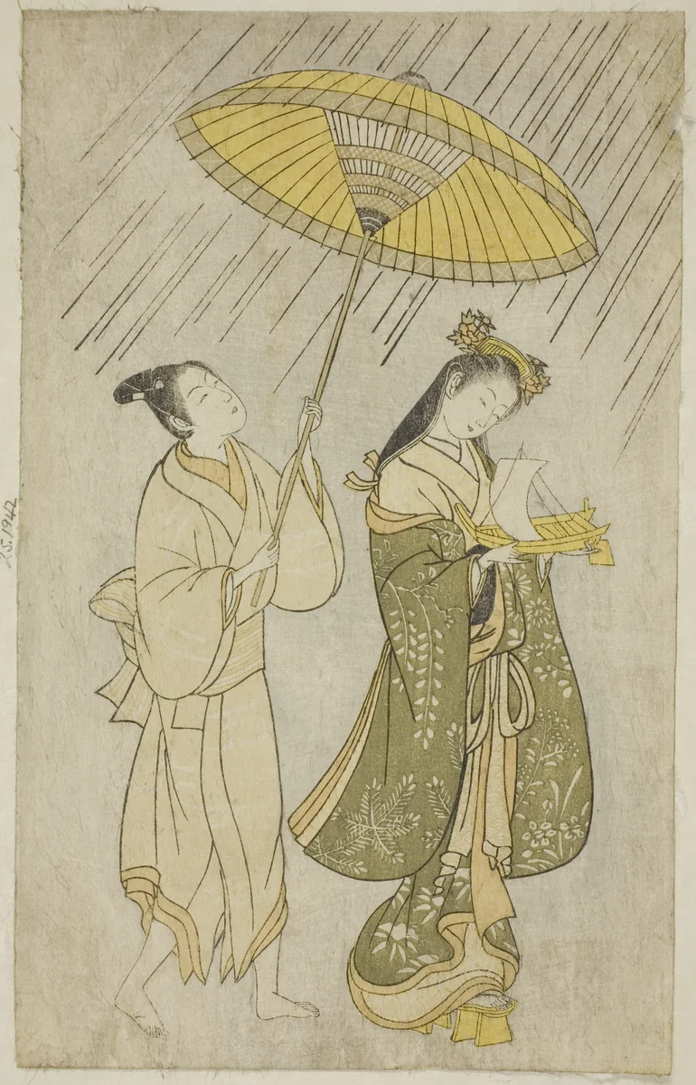 Parody of Komachi praying for rain by Ishikawa Toyonobu, print, 1765