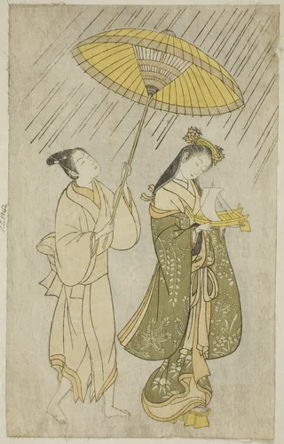 Parody of Komachi praying for rain by Ishikawa Toyonobu, print, 1765