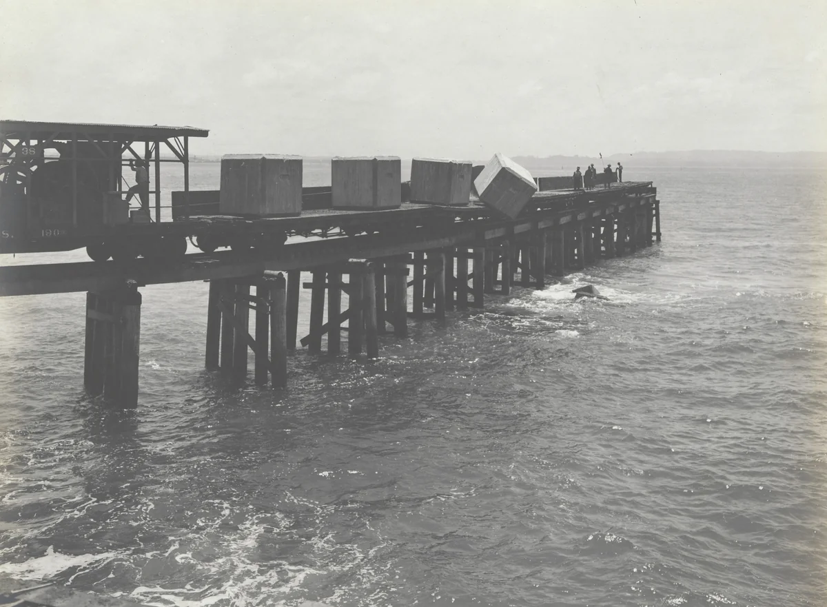East Breakwater -- Limon Bay. Plowing 25 ton concrete blocks by Unidentified Photographer, photograph, 1916