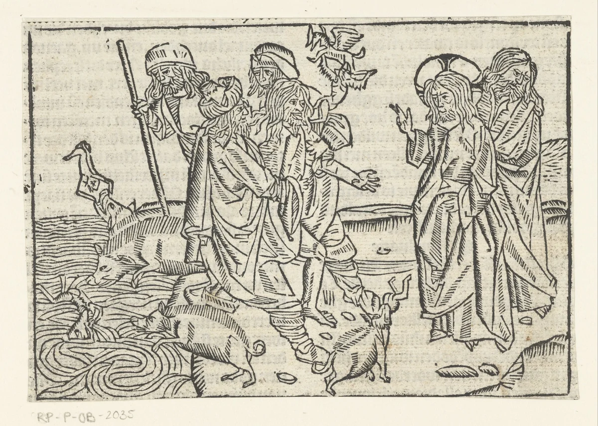 Christus geneest bezeten man in het gebied van de Gerasenen by Unknown, print, 1480-1500