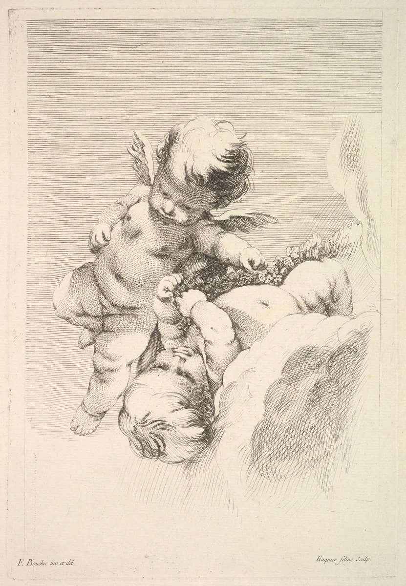 Two Cupids, One Holding a Wreath by Jacques Gabriel Huquier, print, 1745-1800