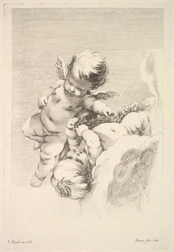 Two Cupids, One Holding a Wreath by Jacques Gabriel Huquier, print, 1745-1800