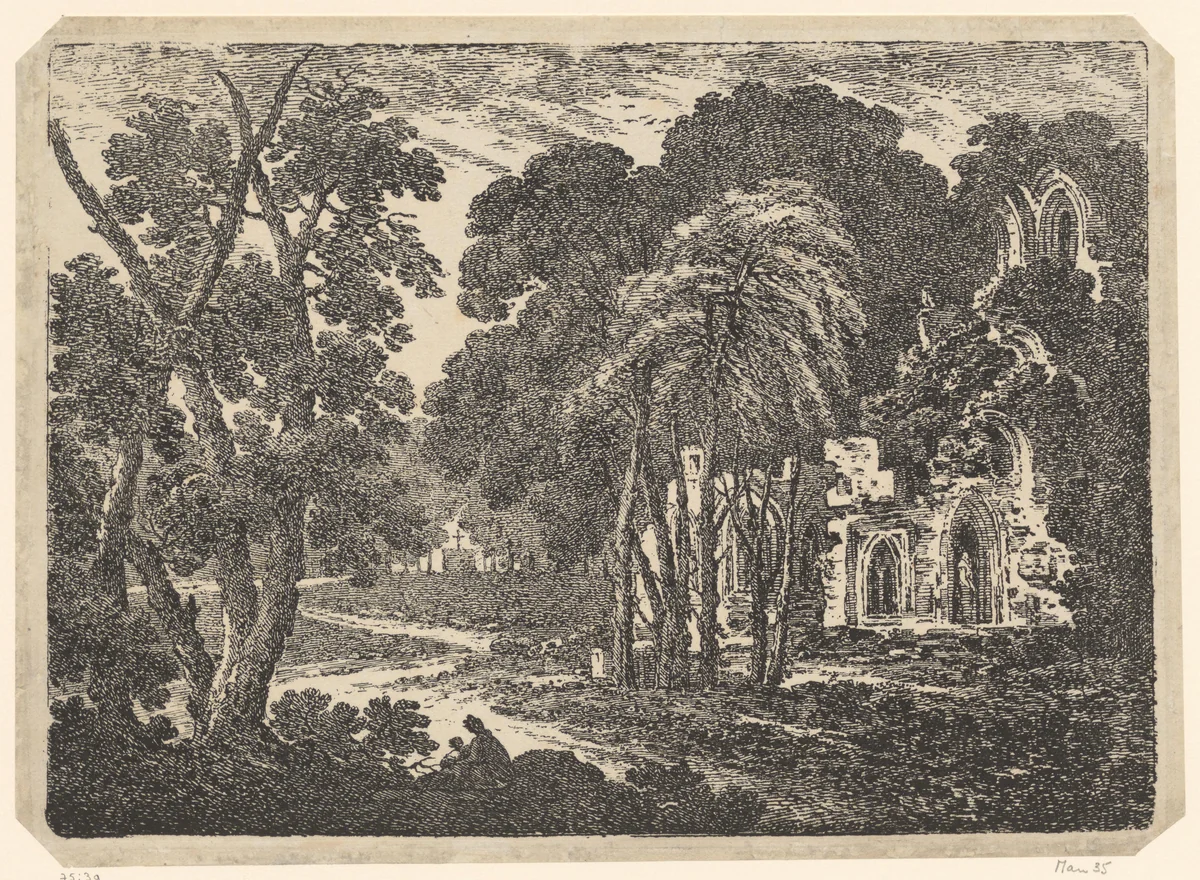 Boslandschap met ruïne van een abdij by Richard Cooper, print, 1806-1807