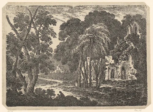 Boslandschap met ruïne van een abdij by Richard Cooper, print, 1806-1807