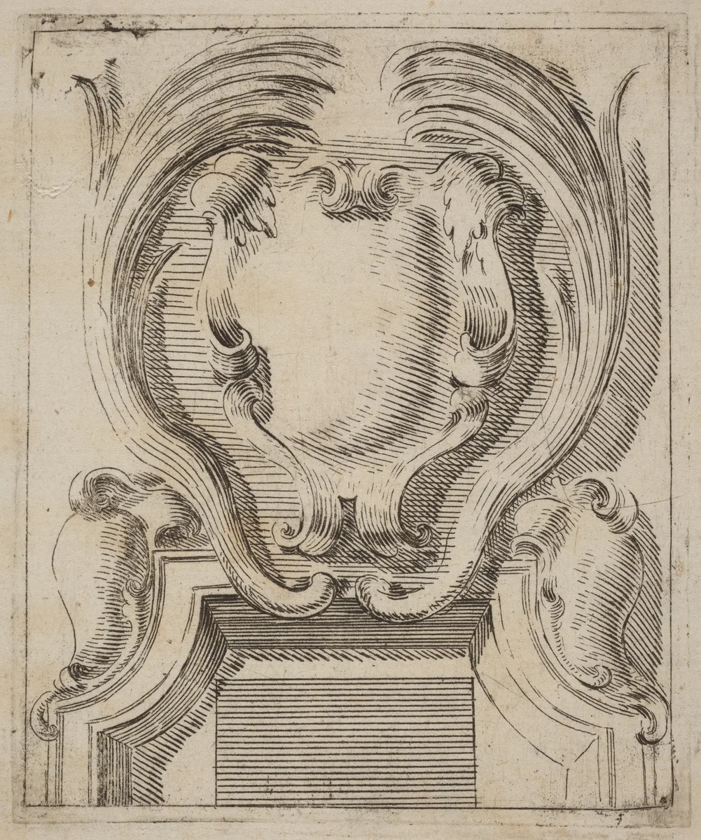 Architectural Motif with Three Shields by Carlo Antonio Buffagnotti, print, 1690