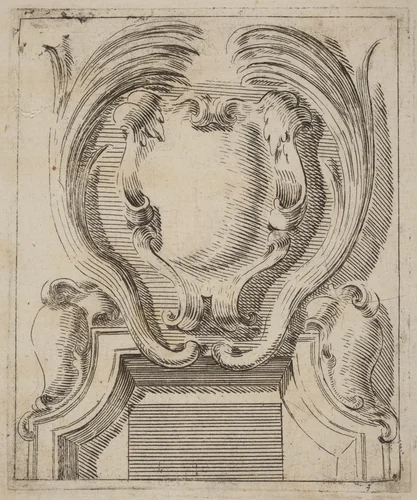 Architectural Motif with Three Shields by Carlo Antonio Buffagnotti, print, 1690