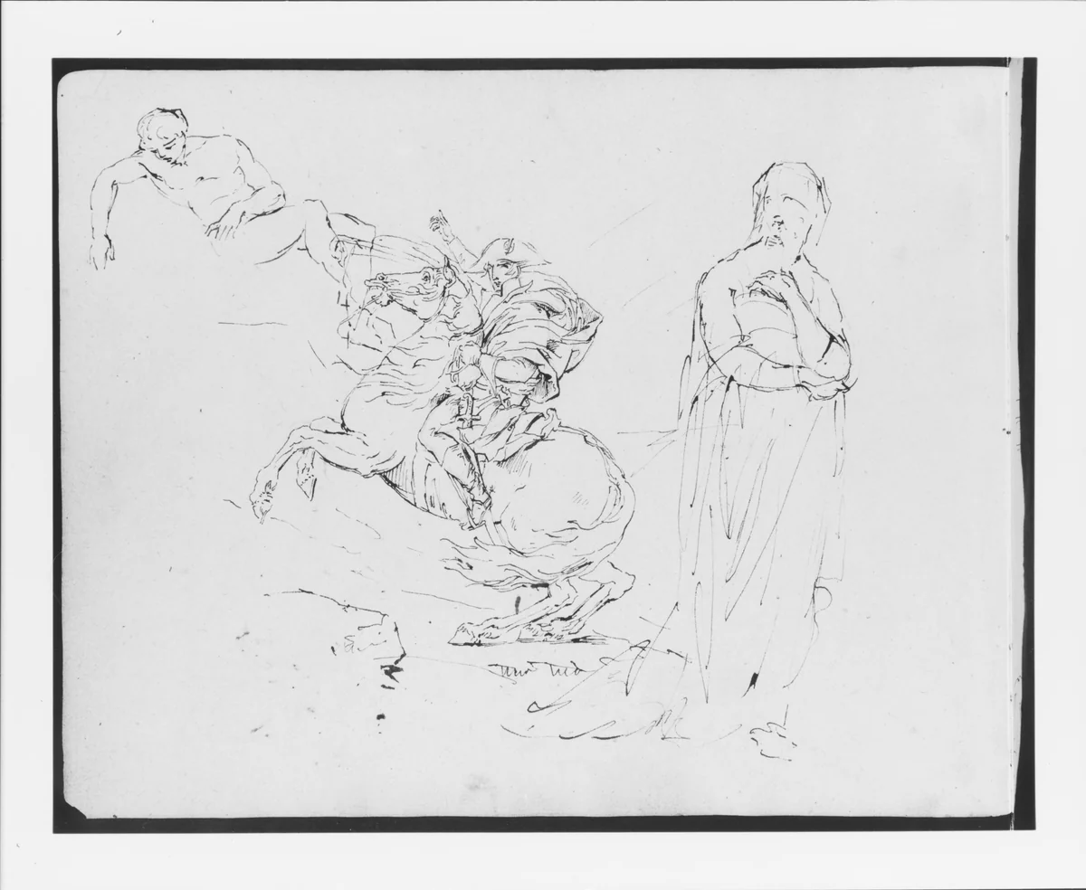 Sketch after David's Napoleon Crossing the Alps; a Recumbent Nude Male; a Standing Female (from Sketchbook) by Thomas Sully, artwork, 1810-1820
